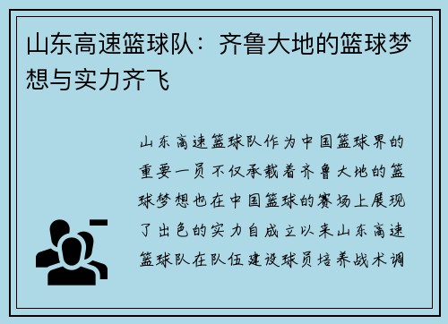 山东高速篮球队：齐鲁大地的篮球梦想与实力齐飞